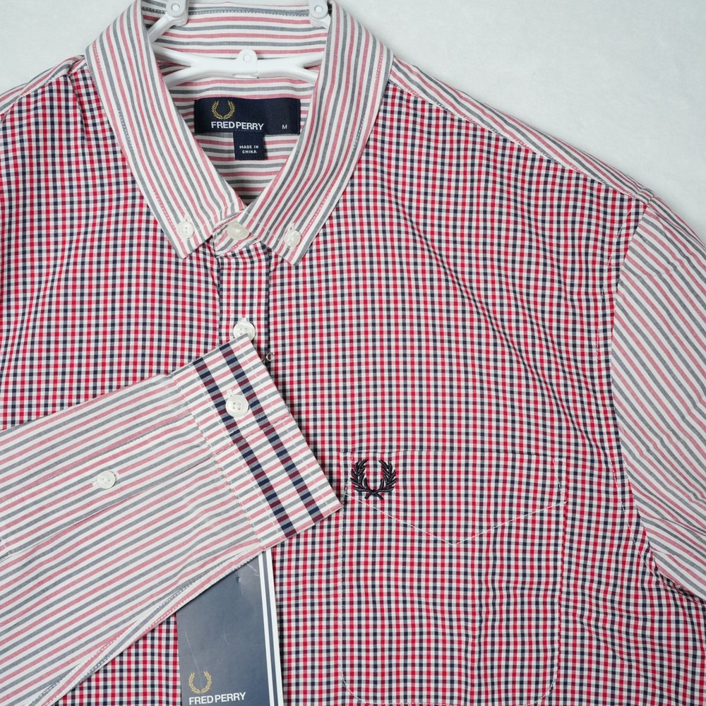 Fred Perry Mens Gingham and Stripe Panel Shirt M4270 Blood Red Navy Size M NWT